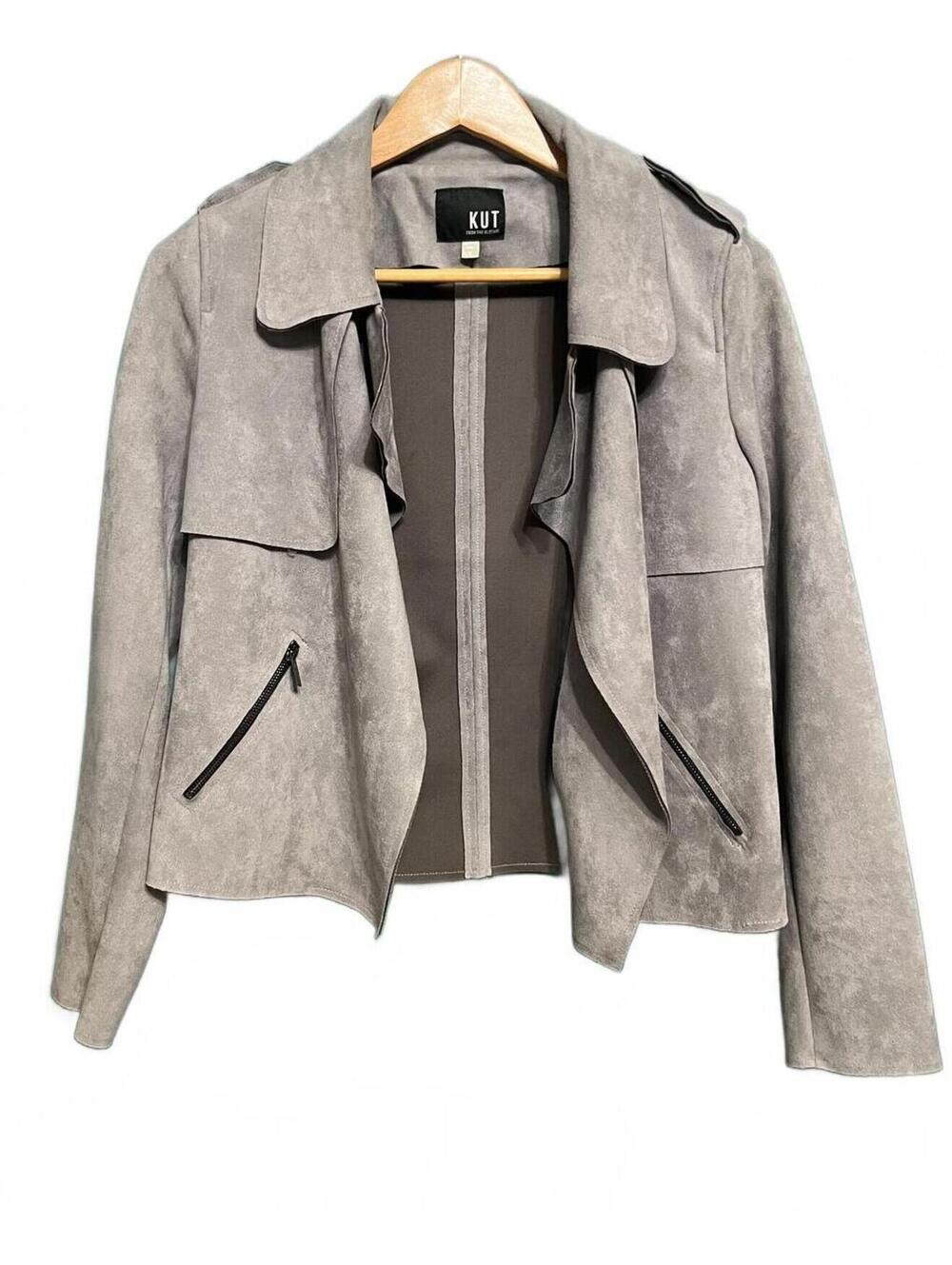 KUT from the Kloth Grey Faux Suede Jacee Draped Moto Jacket Size S Edgy Chic